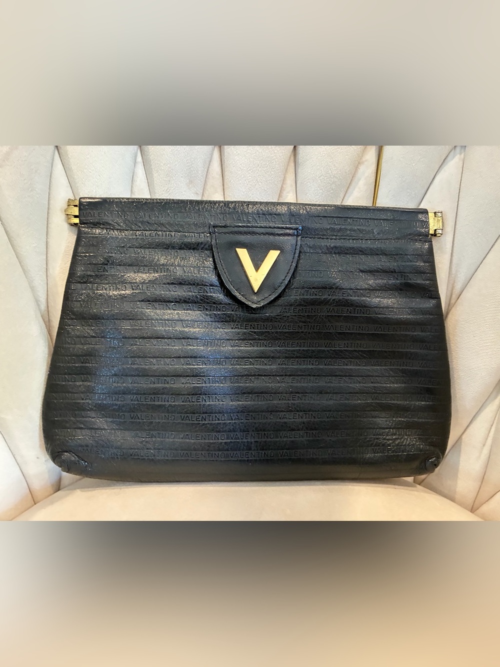 Valentino Black Leather Wristlet Clutch with Gold V Accent Vintage